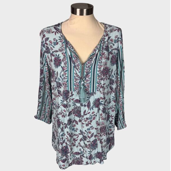 J. Jill Large Petite Made in India 3/4 Sleeve Blue Boho Top - Picture 2 of 9